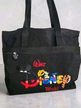 Disney World Black Nylon Shoulder Tote Bag Travel Gym Character Logo Letters